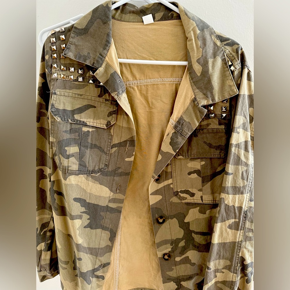 Camo Print Denim Jacket. Perfect for the fall weather or a Halloween costume.
